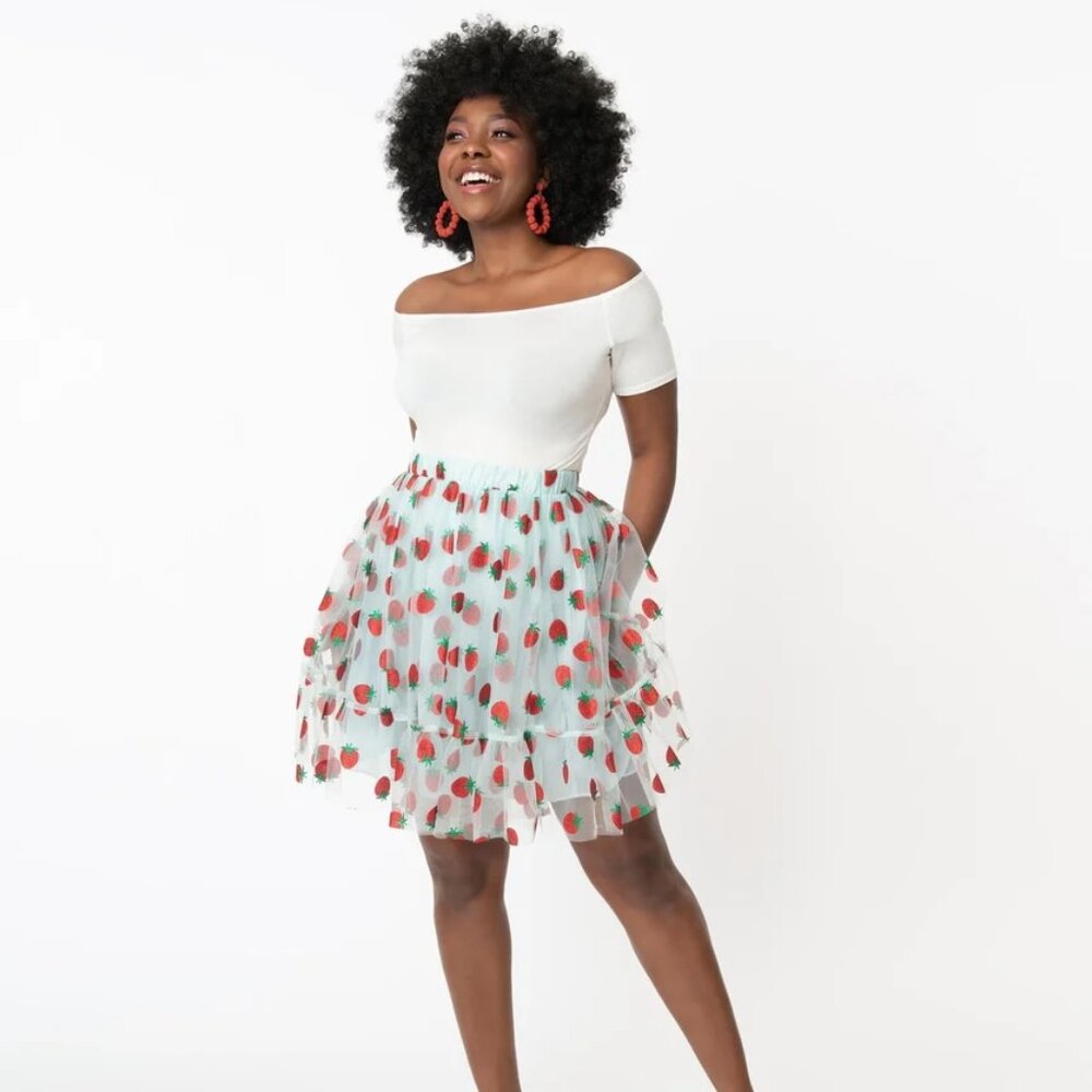 Unique Vintage Smak Parlour Blue & Strawberry Print Twirl Power Skirt